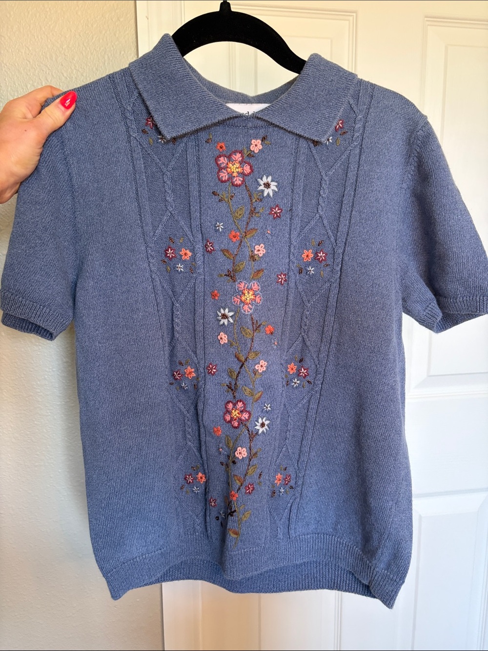 Alfred Dunner Light Blue Knit Top with Floral Embroidery